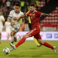 Pyry Soiri of Finland and Tamas Kadar of Hungary vie with the ball during the UEFA Nations League football match between Finland and Hungary on September 8, 2018 in Tampere. (Photo by Mikko Stig / LEHTIKUVA / AFP) / Finland OUT