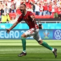 BUDAPEST, HUNGARY - JUNE 19: Attila Fiola of Hungary celebrates after scoring their side's first goal during the UEFA Euro 2020 Championship Group F match between Hungary and France at Puskas Arena on June 19, 2021 in Budapest, Hungary. (Photo by Tibor Illyes - Pool/Getty Images)