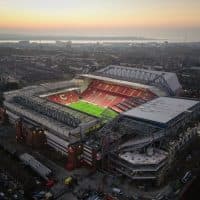 LIVERPOOL, ENGLAND - FEBRUARY 13: An aerial view of Anfield Stadium before the Premier League match between Liverpool FC and Everton FC at Anfield on February 13, 2023 in Liverpool, England. (Photo by Michael Regan/Getty Images)