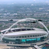 LONDON, ENGLAND - JUNE 14:  Helicopters pass Wembley Stadium seen from the air on June 14, 2014 in London, England.  (Photo by Matt Cardy/Getty Images)