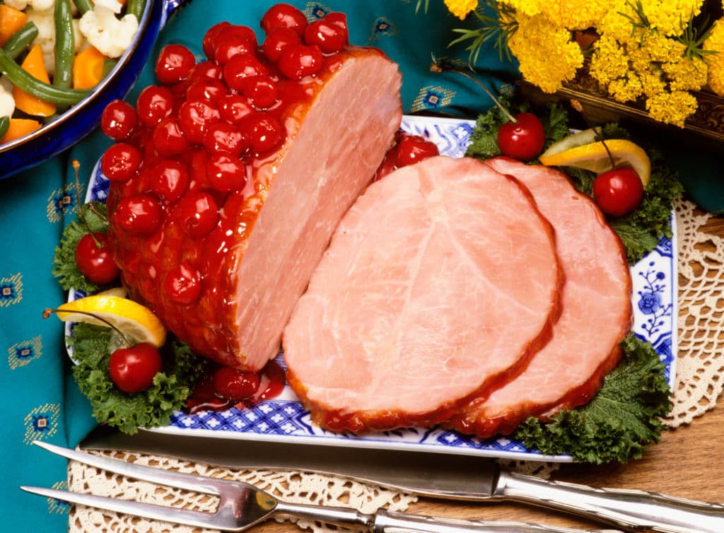 1990s SLICED CHERRY GLAZED HAM  (Photo by J. Graham/ClassicStock/Getty Images)