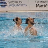 MARKHAM, ON - March 18 - Renaud Barral and Lisa Ingenito of Belgium compete in the Mixed Duet Free event at the World Aquatics Artistic Swimming World Cup at the Markham Pan Am Centre in Markham, Ontario. Lance McMillan/Toronto Star

March-18-2023        (Lance McMillan/Toronto Star via Getty Images)