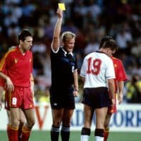 Referee Peter MIKKELSEN (Denmark) shows England's Paul Gascoigne the yellow card following his foul on Belgium's Enzo Scifo (not pictured)   (Photo by Peter Robinson - PA Images via Getty Images)