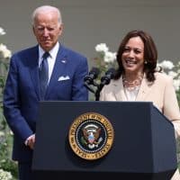 WASHINGTON, DC - JULY 26: U.S. Vice President Kamala Harris delivers remarks as U.S. President Joe Biden looks on in the Rose Garden of the White House on July 26, 2021 in Washington, DC. The event was to mark the 31st anniversary of the Americans with Disabilities Act (ADA) being signed into law. (Photo by Anna Moneymaker/Getty Images)