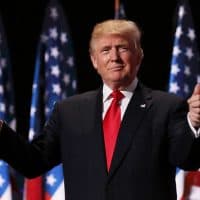 CLEVELAND, OH - JULY 21:  Republican presidential candidate Donald Trump gives two thumbs up to the crowd during the evening session on the fourth day of the Republican National Convention on July 21, 2016 at the Quicken Loans Arena in Cleveland, Ohio. Republican presidential candidate Donald Trump received the number of votes needed to secure the party's nomination. An estimated 50,000 people are expected in Cleveland, including hundreds of protesters and members of the media. The four-day Republican National Convention kicked off on July 18.  (Photo by Chip Somodevilla/Getty Images)