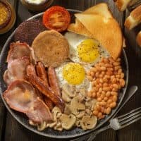 Sunny side up Eggs with Blood Pudding, Sausage, Bacon, Beans, Mushrooms, Toast and Tomatoes-Photographed on Hasselblad H3D-39mb Camera