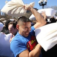 Participants in action during the International Pillow Fight Day in Washington Square Park, Manhattan New York. Events were also held in Washington, D.C, Atlanta, Boston and Chicago. Elsewhere around the globe, pillow fights were planned in Hong Kong, London and Warsaw, Poland. Manhattan, New York. 6th April 2012. Photo Tim Clayton (Photo by Tim Clayton/Corbis via Getty Images)