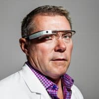 MENLO PARK, CA - SEPTEMBER 9: Dr. Darren Phelan wears Google Glass in Menlo Park, CA on September 9, 2016. Dr. Phalem uses Google Glass to connect with scribes in India who record all of the information discussed in the appointment and transcribe it into medical records.
