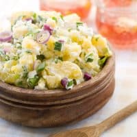 Potato salad with mayonnaise and spring onion, selective focus