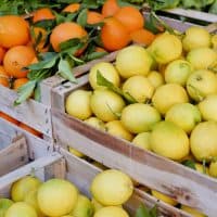 Oranges and lemons in wooden boxes