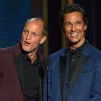 LOS ANGELES, CA - AUGUST 25:  Actors Woody Harrelson (L) and Matthew McConaughey speak onstage at the 66th Annual Primetime Emmy Awards held at Nokia Theatre L.A. Live on August 25, 2014 in Los Angeles, California.  (Photo by Lester Cohen/WireImage)