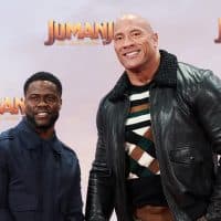 04 December 2019, Berlin: The actors Kevin Hart and Dwayne Johnson (l-r) come to the German premiere of their movie "Jumanji: The next Level". Cinema release is 12 December. Photo: Annette Riedl/dpa (Photo by Annette Riedl/picture alliance via Getty Images)