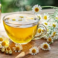 Herbal chamomile tea and chamomile flowers near teapot and tea glass. Rural or countryside background.