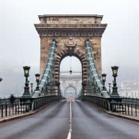 The Chain Bridge in Budapest, Hungary in atmospheric mist.
