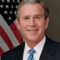 Portrait of American politician and US President George W. Bush as he poses for his Official Portrait in the Roosevelt Room of the White House, Washington DC, January 14, 2003. (Photo by Stock Montage/Getty Images)