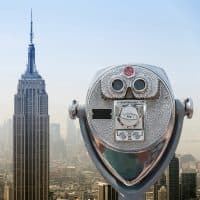 Amazing aerial view of downtown New York City with all its skyscrapers and the iconic Empire State Building.