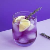 Lavender lemonade with ice and  lemon in the drinking glass on the purple background. Close-up.