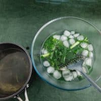 Ice-water bath with greens in it, after having been blanched and cooked in boiling water. Slotted spoon to lift the greens out in order to plunge them into the ice batch. High point view. Green background with light effect.