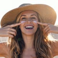 Portrait of beautiful smiling woman applying sunscreen on her face while looking at camera at the beach.