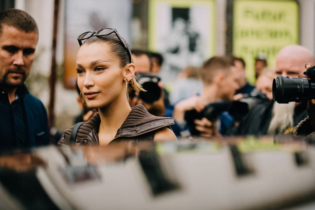 PARIS, FRANCE - SEPTEMBER 25: Model Bella Hadid after the Mugler show  in the thin pointed eyebrows from the show by Inge Grognard and Chanel sunglasses during Paris Fashion Week Spring/Summer 2020 on September 25, 2019 in Paris, France. (Photo by Melodie Jeng/Getty Images)