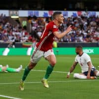 WOLVERHAMPTON, ENGLAND - JUNE 14: Roland Sallai of Hungary celebrates after scoring their team's second goal during the UEFA Nations League - League A Group 3 match between England and Hungary at Molineux on June 14, 2022 in Wolverhampton, England. (Photo by Catherine Ivill/Getty Images)