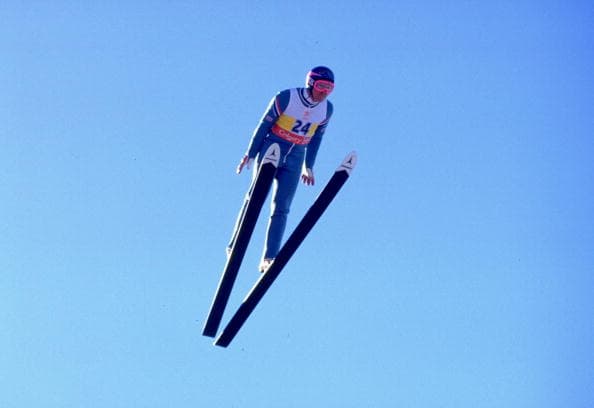 23 Feb 1988:  Eddie Edwards of Great Britain in action during the 90 metres Ski Jump event at the 1988 Winter Olympic Games in Calgary, Canada. Edwards finished in 55th place.  Mandatory Credit: David  Cannon/Allsport