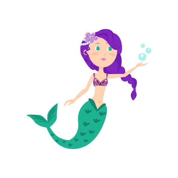 Beautiful colorful mermaid with violet hair and green tail, underwater swimming. Flat style. Vector illustration on white background