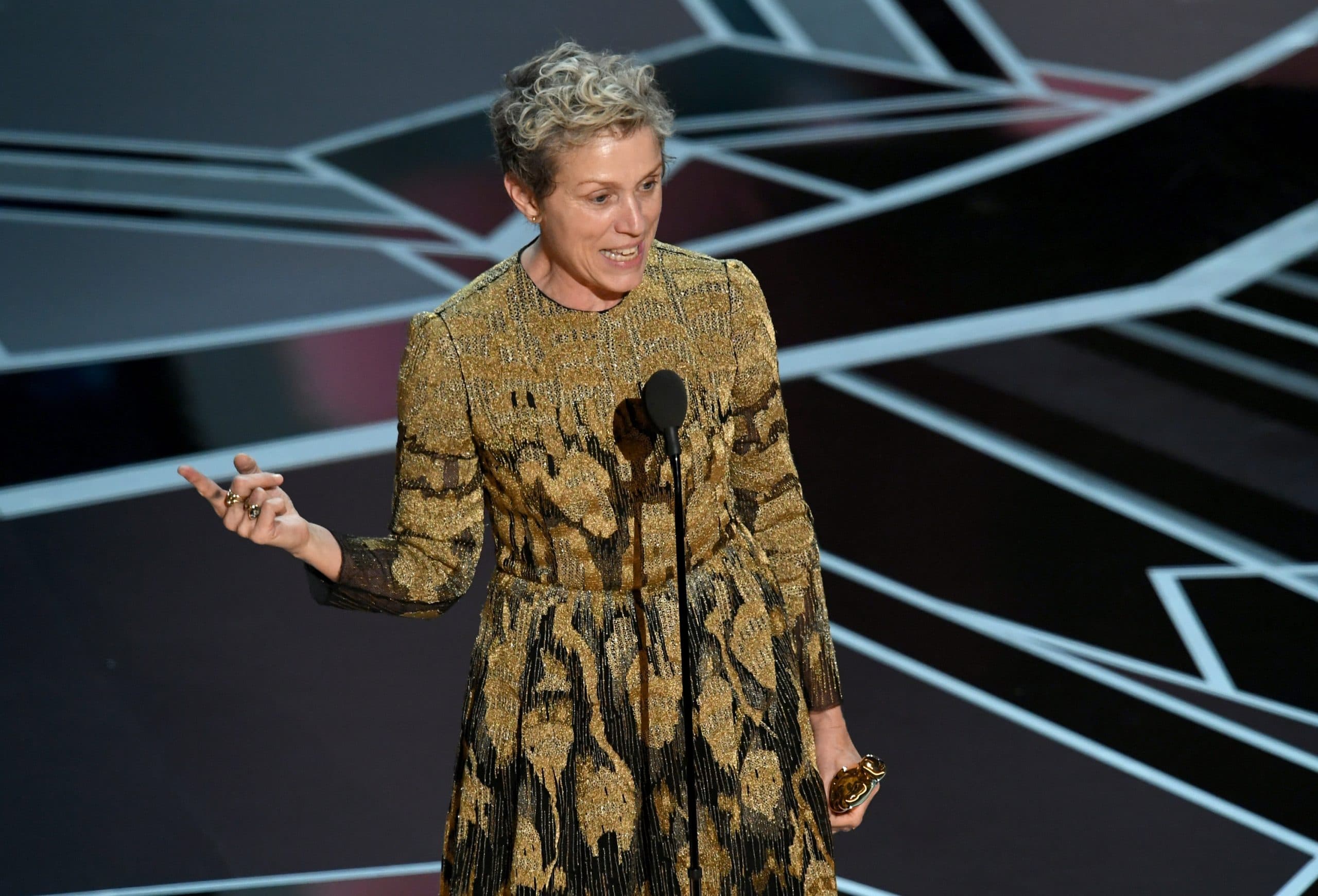 HOLLYWOOD, CA - MARCH 04:  Actor Frances McDormand accepts Best Actress for 'Three Billboards Outside Ebbing, Missouri' onstage during the 90th Annual Academy Awards at the Dolby Theatre at Hollywood &amp; Highland Center on March 4, 2018 in Hollywood, California.  (Photo by Kevin Winter/Getty Images)