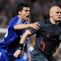 LONDON, ENGLAND - MAY 06: Michael Ballack of Chelsea protests to referee Tom Henning Ovrebo during the UEFA Champions League semi final second leg match between Chelsea and Barcelona at Stamford Bridge on May 6, 2009 in London, England. (Photo by Etsuo Hara/Getty Images)