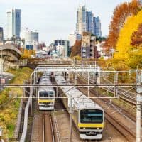Urban railway running through autumn leaves