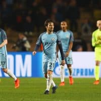 MONACO - MARCH 15:  David Silva of Manchester City (21) and ream mates look dejected as Tiemoue Bakayoko of AS Monaco scores their third goal during the UEFA Champions League Round of 16 second leg match between AS Monaco and Manchester City FC at Stade Louis II on March 15, 2017 in Monaco, Monaco.  (Photo by Michael Steele/Getty Images)
