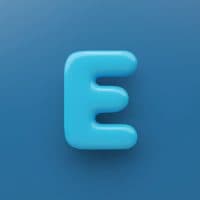 3D Blue uppercase letter E with a glossy surface on a blue background.