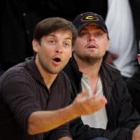 LOS ANGELES, CA - APRIL 27:  Leonardo DiCaprio (R) and Tobey Maguire (L) attend the Los Angeles Lakers vs Utah game at Staples Center on April 27, 2009 in Los Angeles, California.  (Photo by Noel Vasquez/Getty Images)