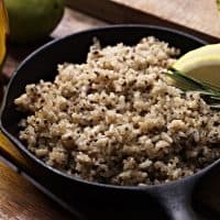 Quinoa with Brown Rice in a Cast Iron Pan.