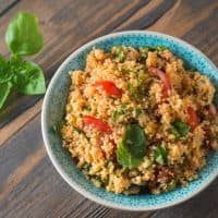 Arabic traditional cuisine - Couscous with tomato and basil from the top