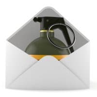 Hand grenade inside envelope isolated on white background. 3d illustration