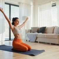 Young woman stretching and taking exercise in her living room.