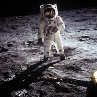 Apollo 11 - NASA, 1969. Astronaut Buzz Aldrin walks on the surface of the moon near the leg of the lunar module Eagle during the Apollo 11 mission. Mission commander Neil Armstrong took this photograph with a 70mm lunar surface camera. While astronauts Armstrong and Aldrin explored the Sea of Tranquility region of the moon, astronaut Michael Collins remained with the command and service modules in lunar orbit. Artist NASA. (Photo by Heritage Space/Heritage Images via Getty Images)