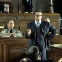 Kevin Costner in court in a scene from the film 'JFK', 1991. (Photo by Warner Brothers/Getty Images)