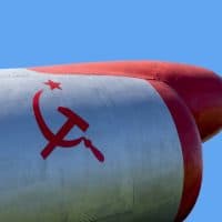 A display of rockets and missiles in Havana, Cuba with the hammer and sickle symbol.  Dating back to the Cuban Missile Crisis of October 1962.