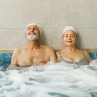 Happiness and positive emotions of mature couple, resting in health spa. Young at heart on retirement. Wellbeing and healthy lifestyle in old age.